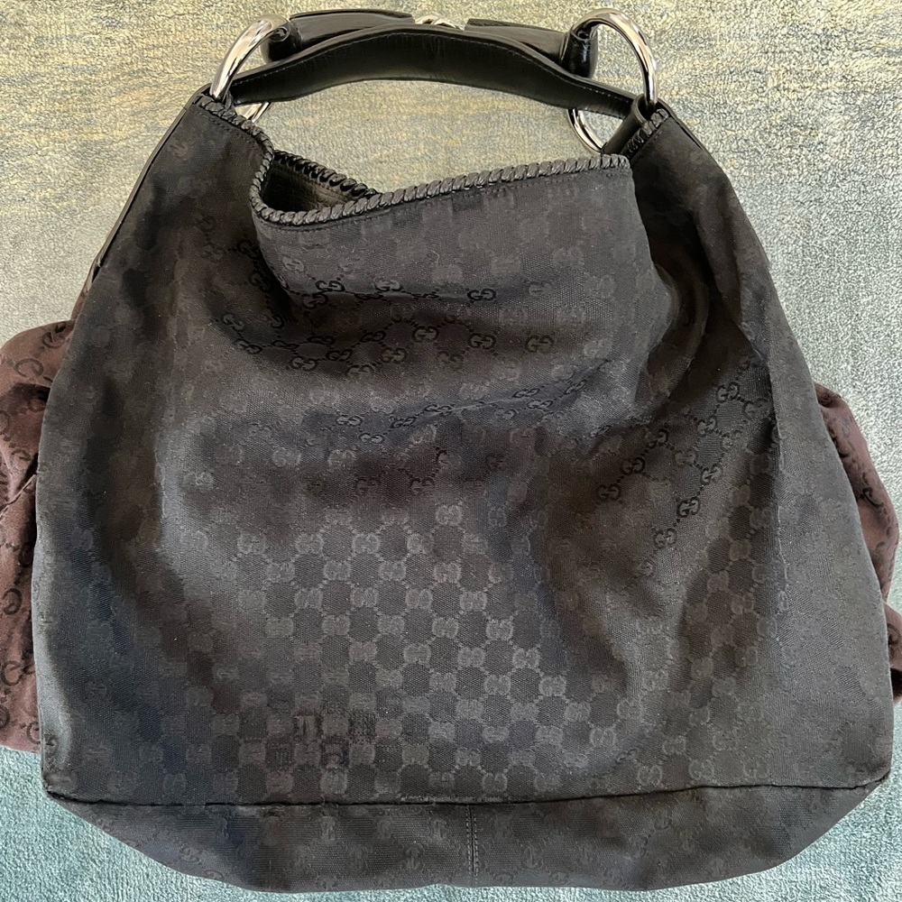 Gucci Horsebit Handle Black GG Canvas Hobo Bag, Large